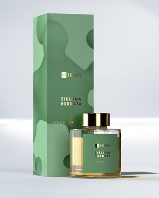 Duftspreder i glasflaske med naturlige rottingpinde i HiSkin-duft af grøn te - 1