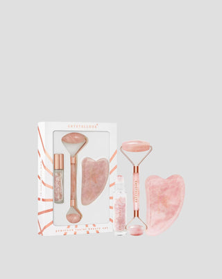 Ansigtsroller + gua sha-plade + roll-on-flaske Rose quartz beauty set Crystallove - 1