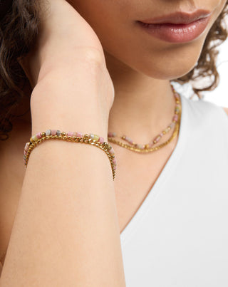 Guldbelagt halskæde med naturstenene pink og lemon jade Mys - 3