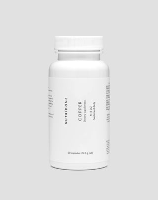 Kobber i kapsler, kosttilskud til immunforsvar, hårpigmentering og antioxidantbeskyttelse, Nutridome 60 stk.